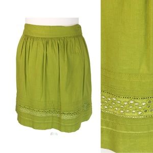 Loft Green Cotton Eyelet Delicate Gathered Layered Skater Skirt Petite size 2P